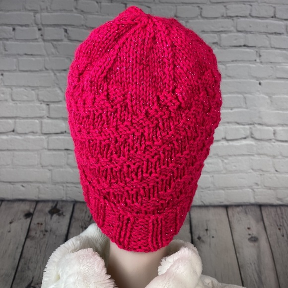 Homemade Metallic Hot Pink Crocheted Knit Yarn Hat - Picture 5 of 11